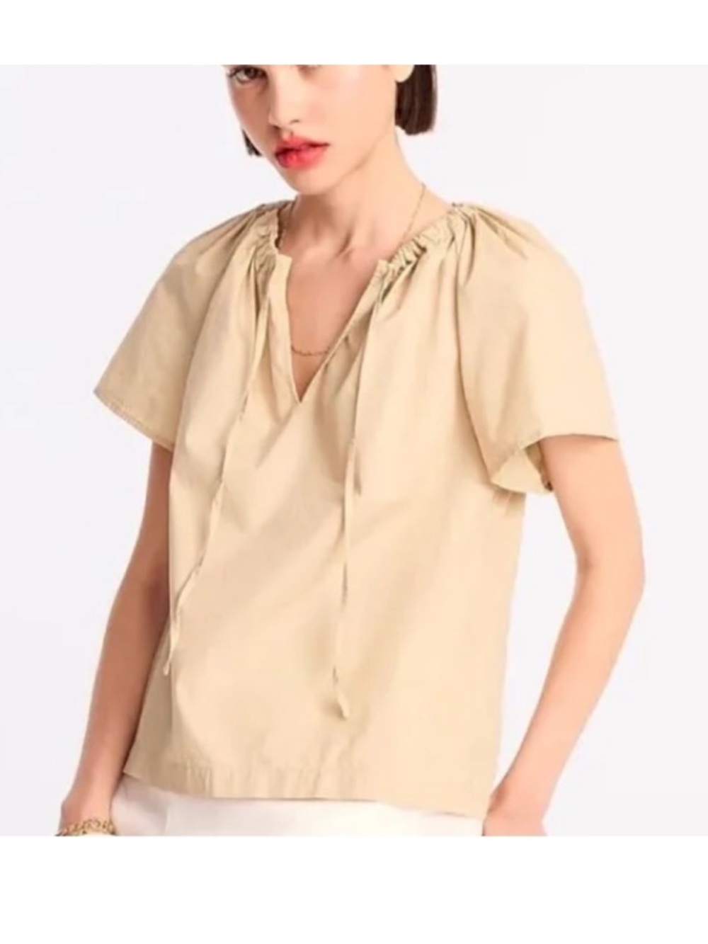 J. Crew tan tie-neck poplin top